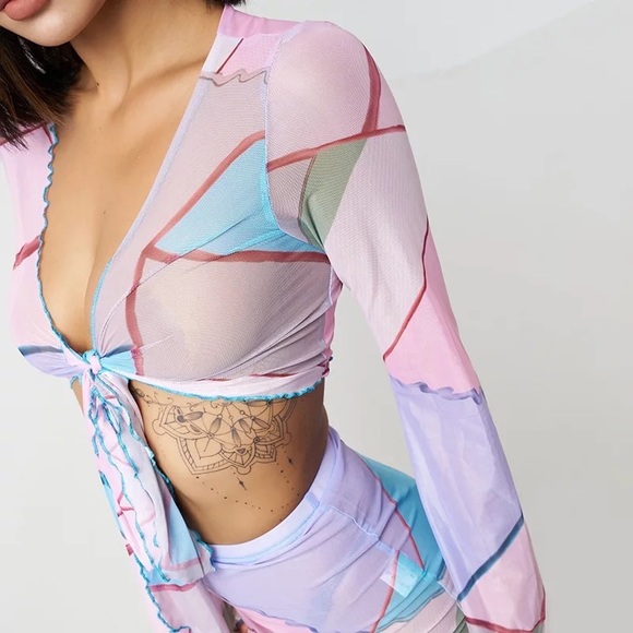 Pink Sands Asymmetrical Pipping Bodycon Skirt Set Beach Bikini Coverup Mini Set - Picture 3 of 14